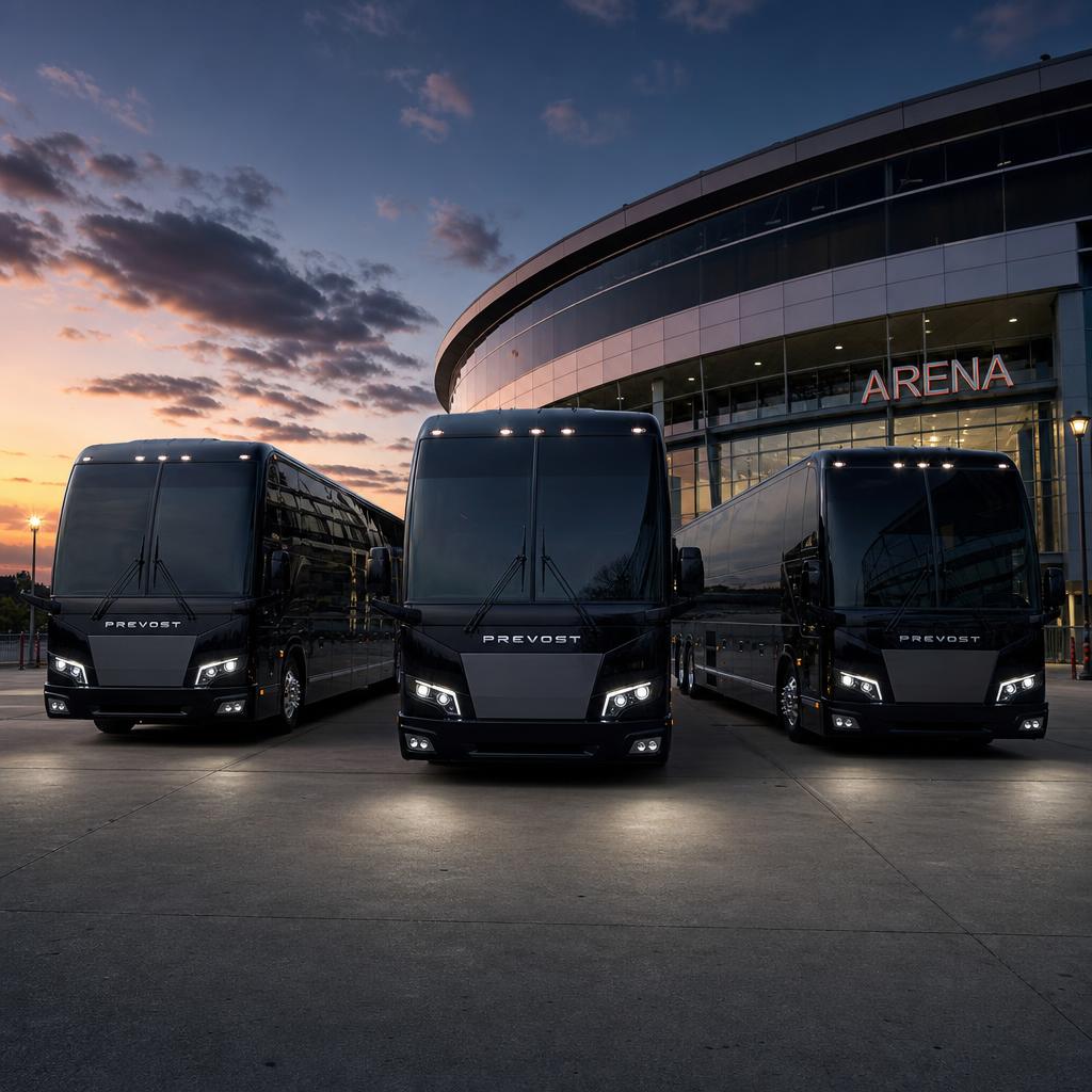 New-generation black Prevost entertainer coaches lined up outside an arena at dusk