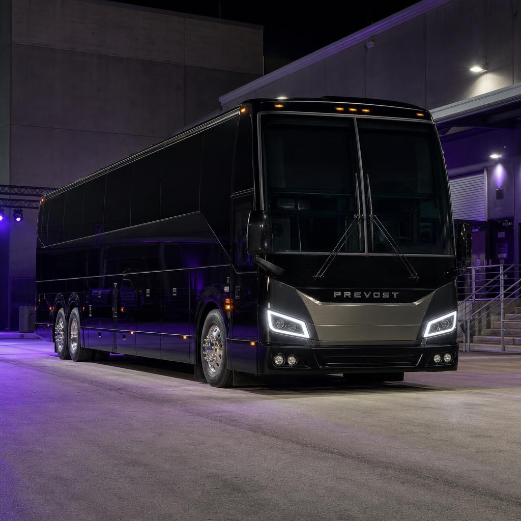 New-generation Prevost entertainer coach at a night-time loading dock