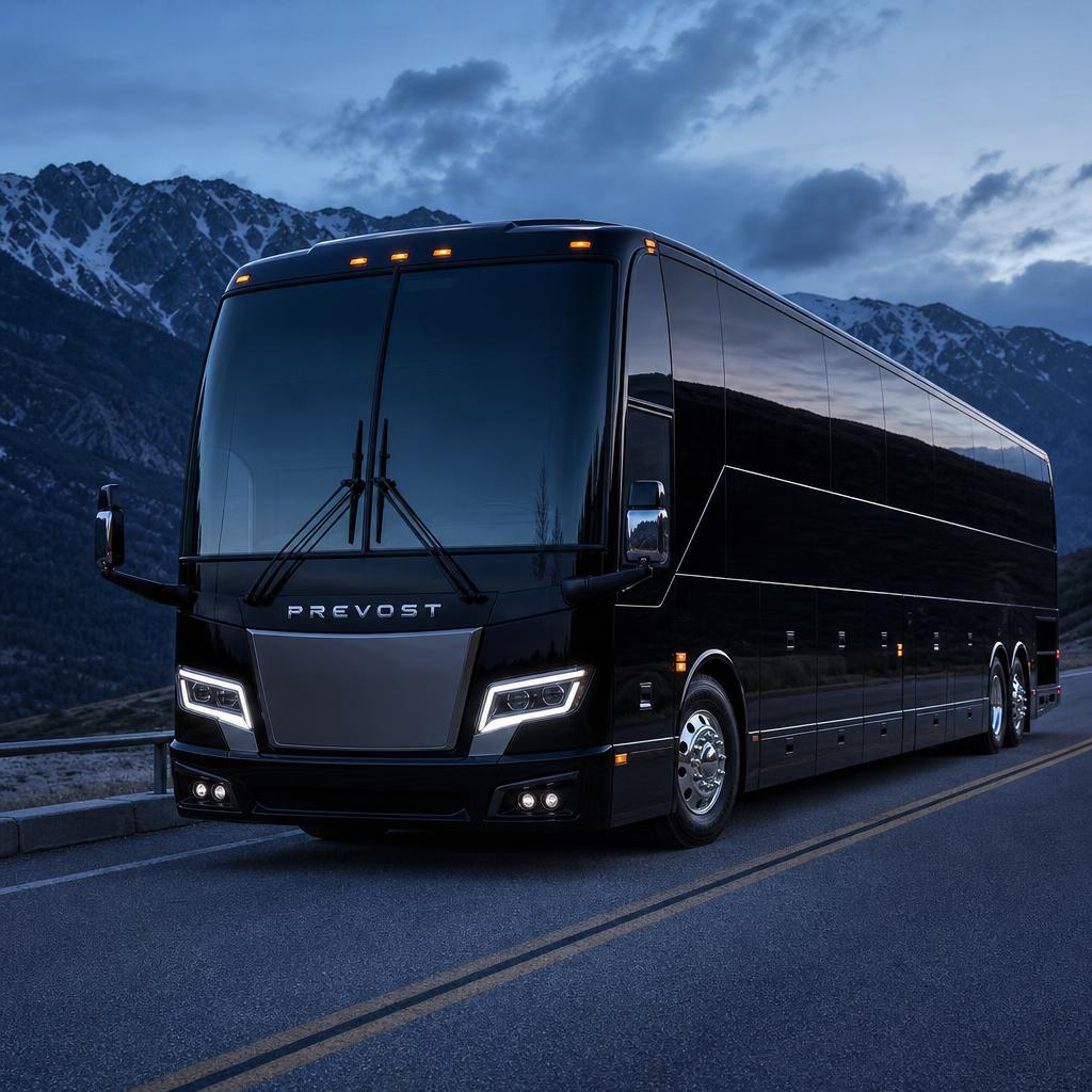 New-generation black Prevost entertainer coach traveling along a mountain highway at twilight